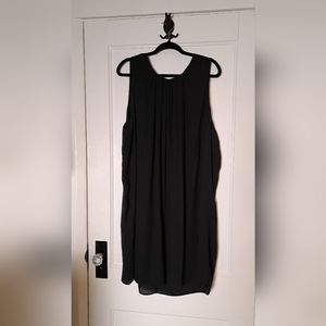 Black Chiffon sleeveless dress with pleated neck detail.
